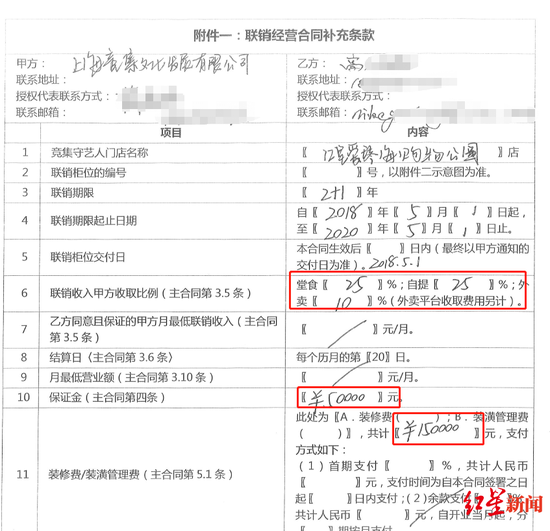 文件显示，高磊需支付5万元保证金、15万元装修费和装潢管理费