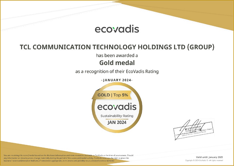 TCL通讯荣获EcoVadis全球可持续发展评级金牌勋章